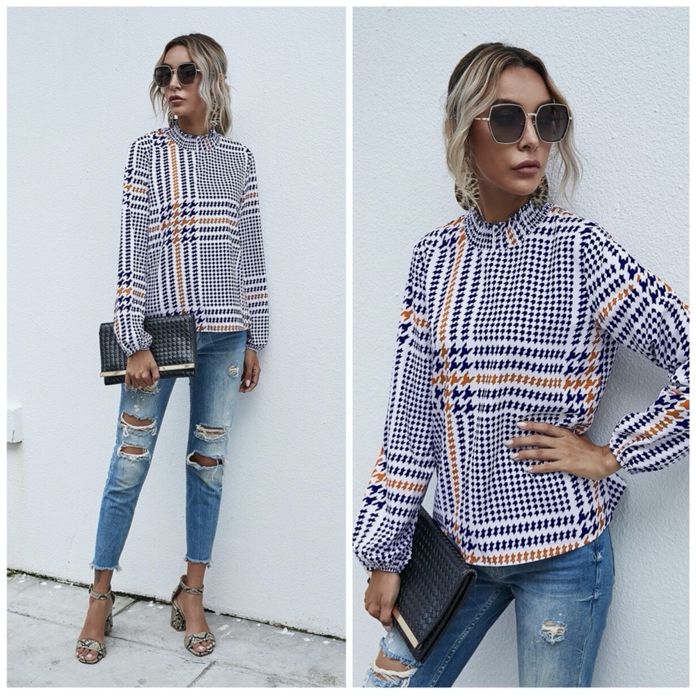 Houndstooth Print black red mock neck blouse - Picture 4 of 7